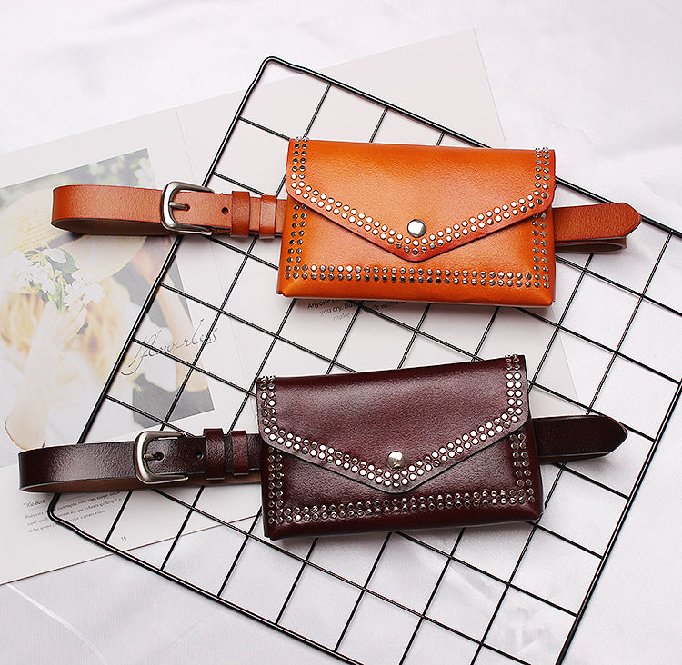 Wild rivet two-layer cowhide leather belt bag