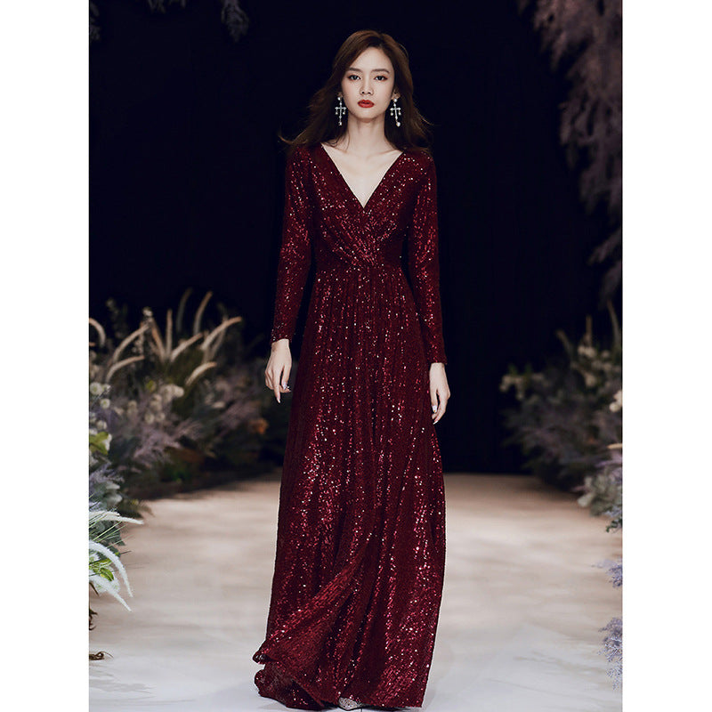 Wine Red Temperament Host Dress Annual Meeting Long