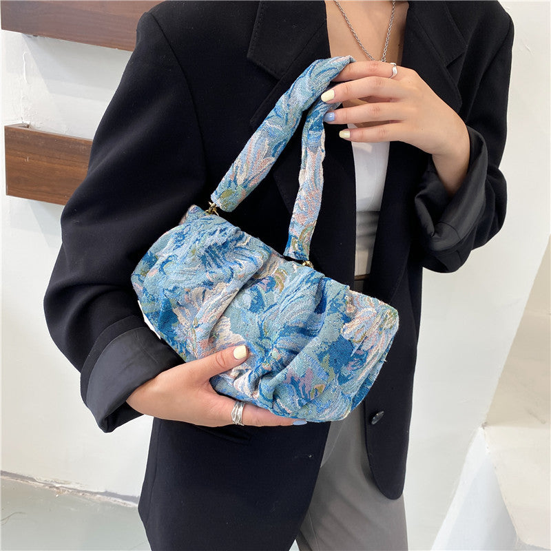 Blue Flowers Oil Painting Shoulder Cloud Bag