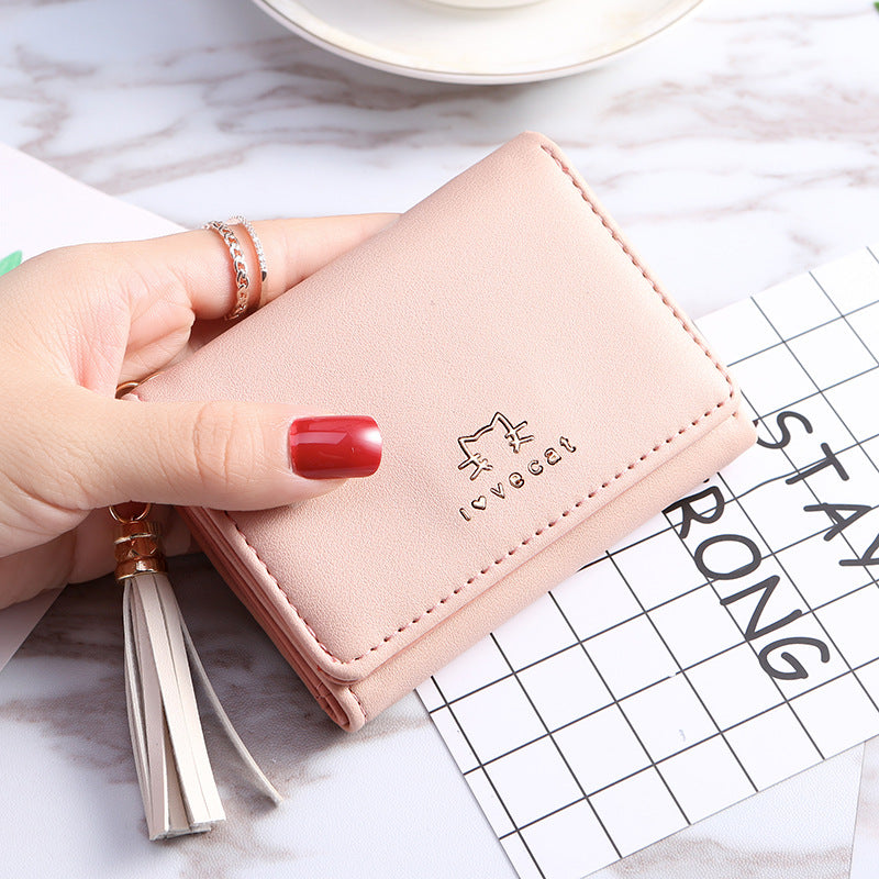 Three Fold Short Lady's Small Tassel Wallet Bag
