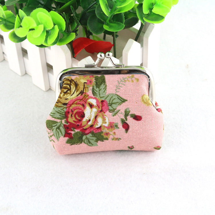 Canvas Rose Mini Coin Purse Women's Fabric Buckle Coin Bag Cute Small Purse