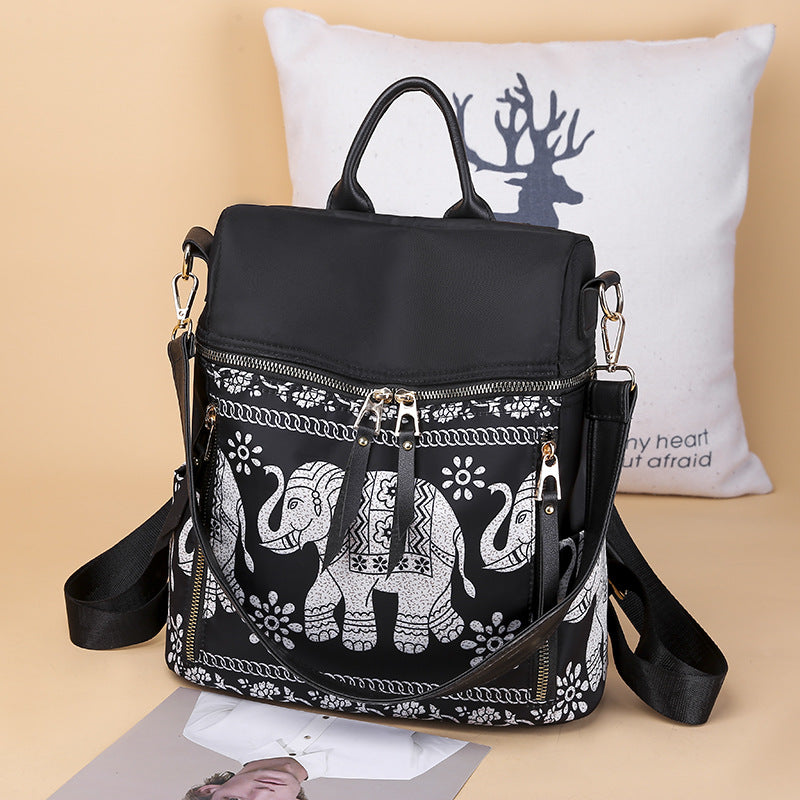 Multifunctional Ethnic Style Elephant Print Student One-shoulder Backpack