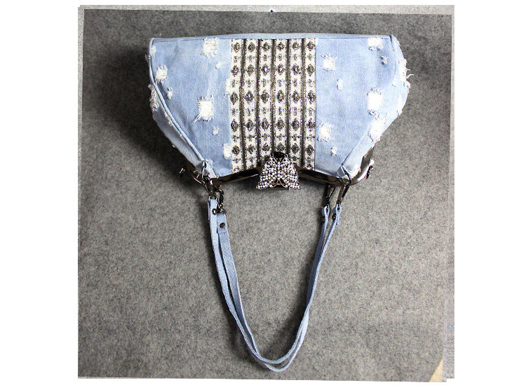 Light Blue Denim Butterfly Clip Diamond Crossbody Bag