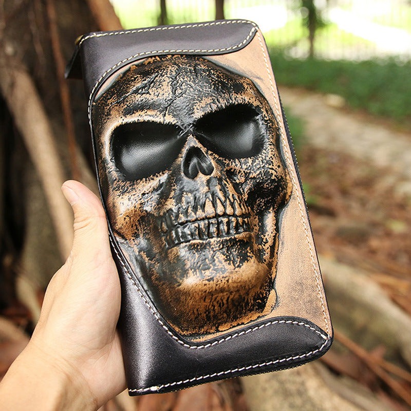 Cowhide Skull Ghost Head Men's Zipper Wallet