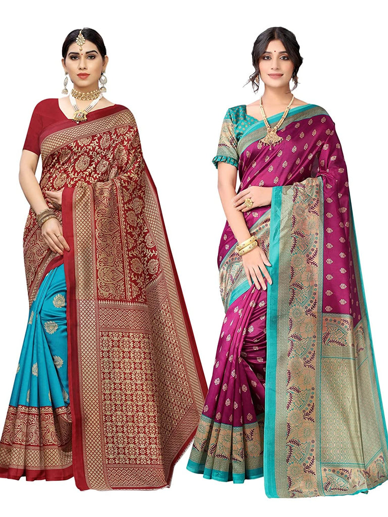 Combo Pack Of 2 - Women's Printed Poly Silk Saree With Blouse Indian Traditional Saree Wedding Dress Handmade Famous Actress Style Party Wear Free Size  Ethenic Wear Clothes For Women