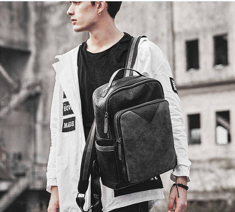 Fashion Waterproof Men Black PU Leather Backpack School Bag