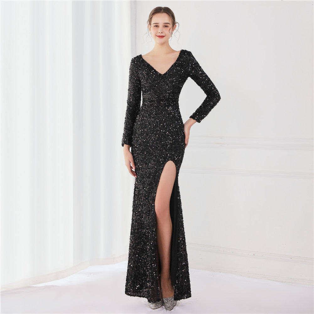 Long Sleeve Sequined Gas Field Queen Fishtail Evening Dress