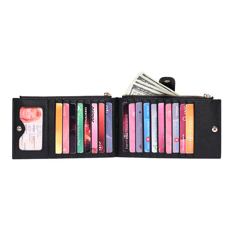 Ladies Multifunctional Card Holder Anti-theft Brush Two-way Folding PU Cross Pattern With Zipper