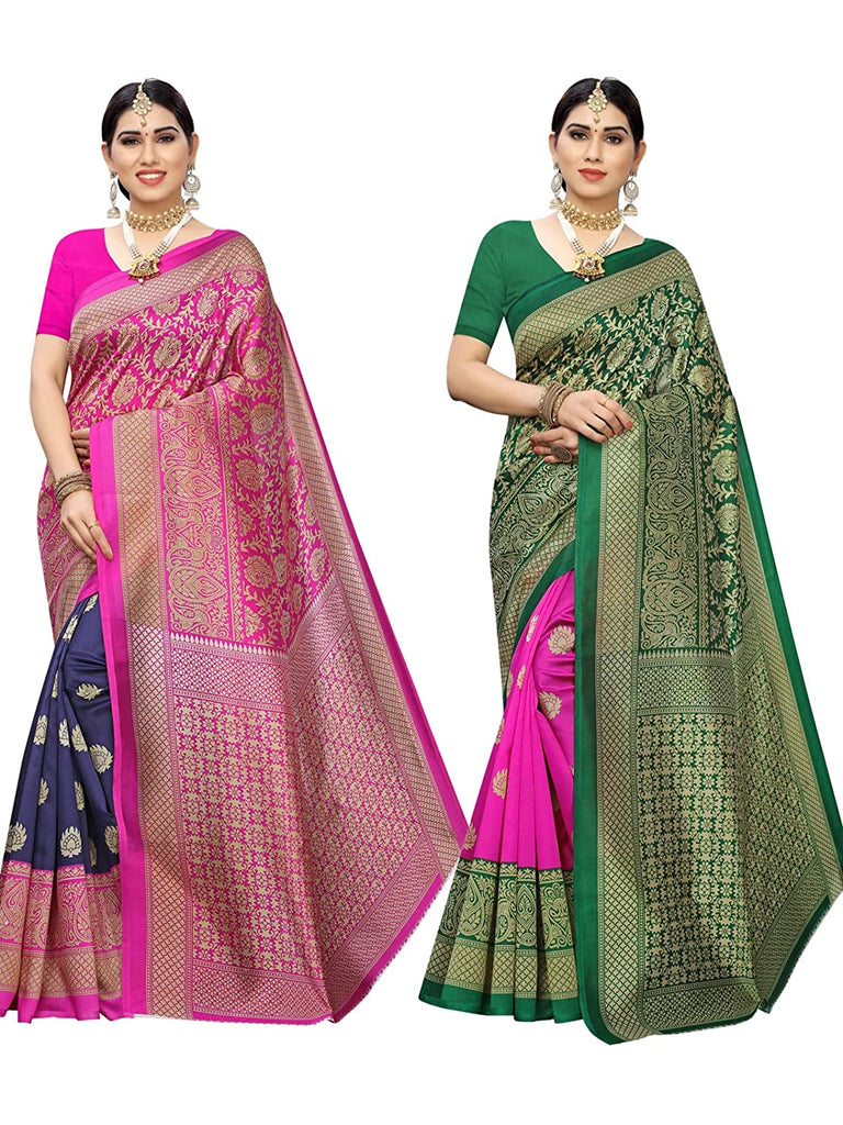 Combo Pack Of 2 - Women's Printed Poly Silk Saree With Blouse Indian Traditional Saree Wedding Dress Handmade Famous Actress Style Party Wear Free Size  Ethenic Wear Clothes For Women