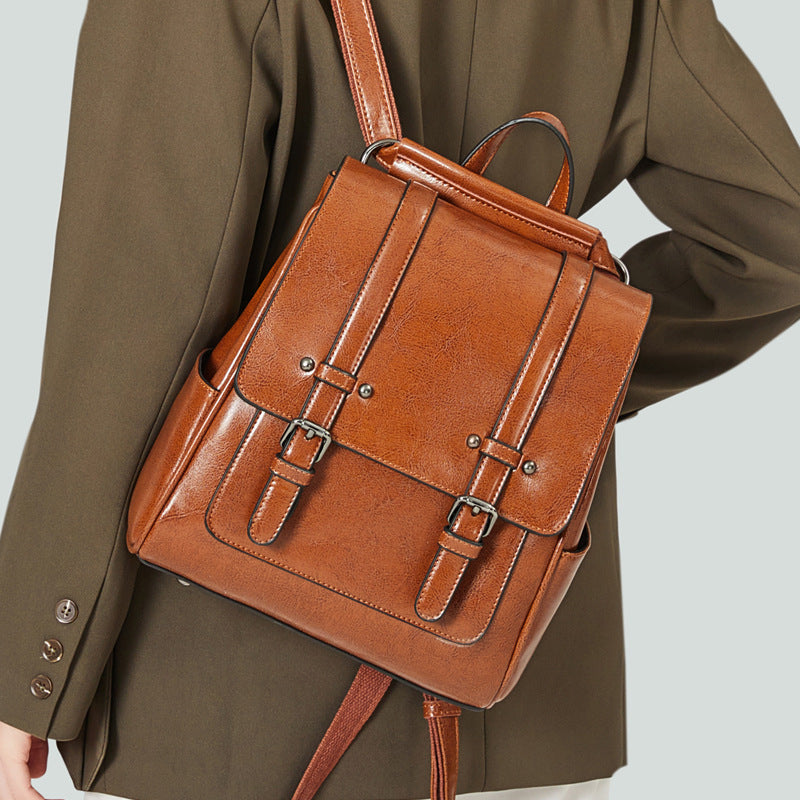 Oil Wax Leather Shoulders Versatile Single Backpack