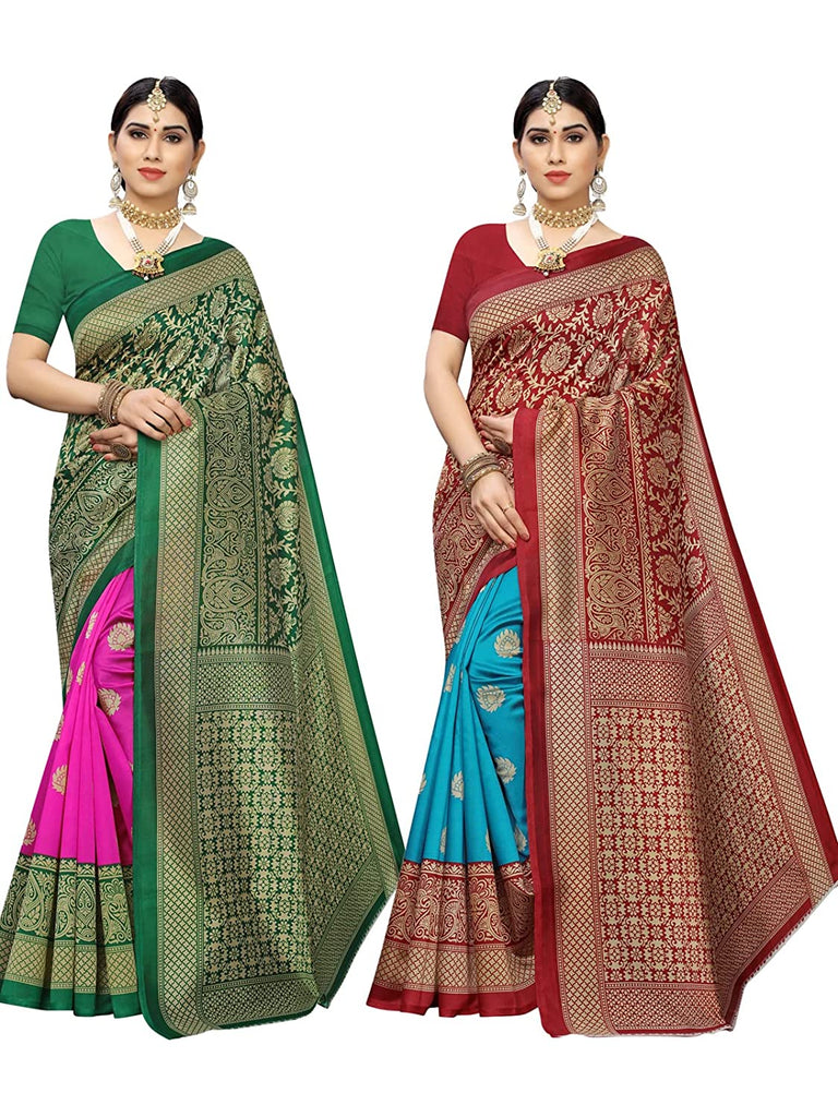 Combo Pack Of 2 - Women's Printed Poly Silk Saree With Blouse Indian Traditional Saree Wedding Dress Handmade Famous Actress Style Party Wear Free Size  Ethenic Wear Clothes For Women