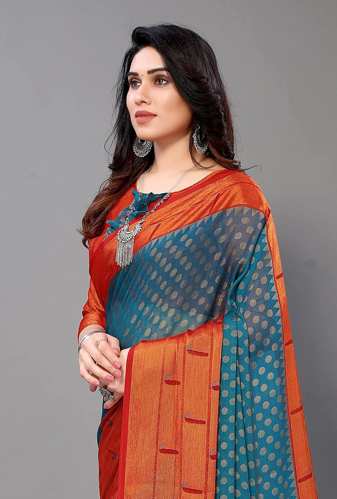 Designer Women's Chiffon Brasso Printed Saree With Blouse Piece Indian Traditional Saree Wedding Dress Handmade Famous Actress Style Party Wear Free Size  Ethenic Wear Clothes For Women Embroidered