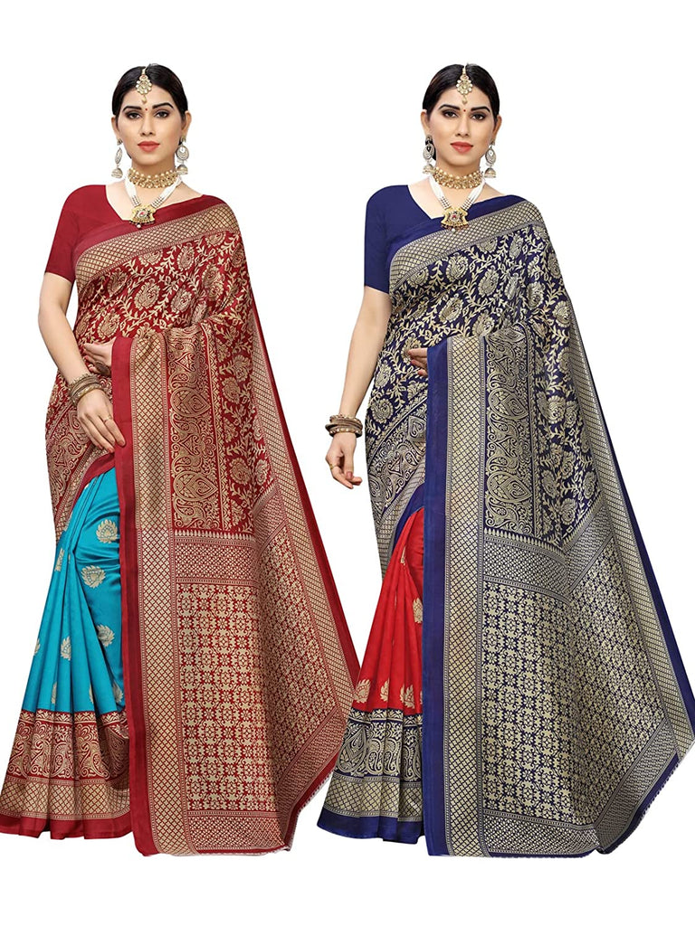 Combo Pack Of 2 - Women's Printed Poly Silk Saree With Blouse Indian Traditional Saree Wedding Dress Handmade Famous Actress Style Party Wear Free Size  Ethenic Wear Clothes For Women