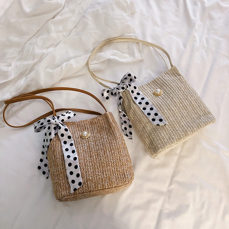 Silk scarf straw bucket bag