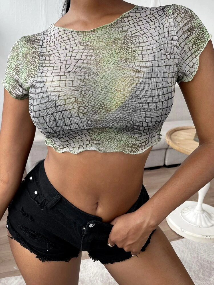 Geo Print Mesh Sheer Top Without Bra