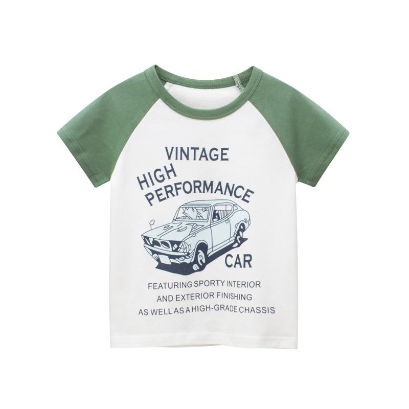 Boys Basic Cartoon Car Letter Round Neck Short-Sleeved T-Shirt