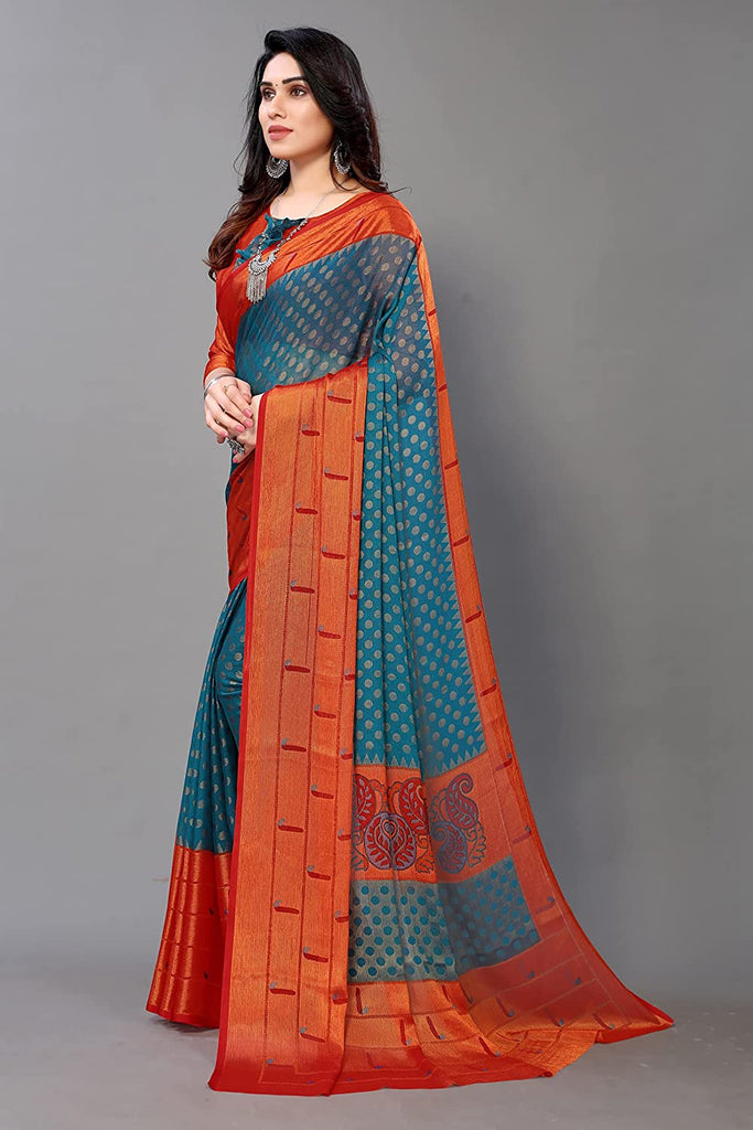 Designer Women's Chiffon Brasso Printed Saree With Blouse Piece Indian Traditional Saree Wedding Dress Handmade Famous Actress Style Party Wear Free Size  Ethenic Wear Clothes For Women Embroidered