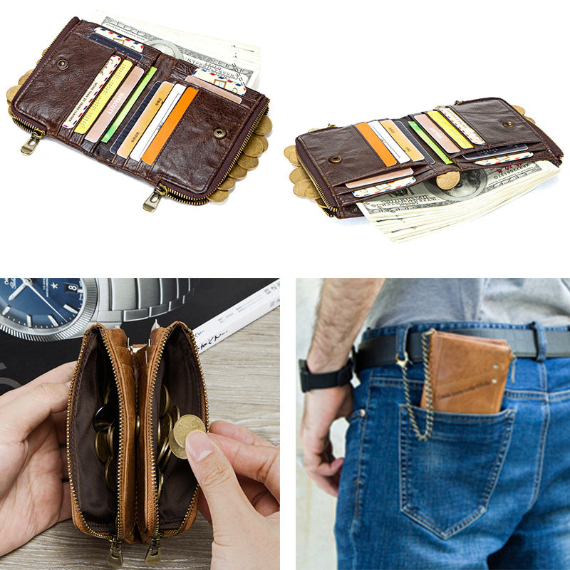 Multifunctional Double Zipper Top Layer Cowhide Coin Purse Men's Bag