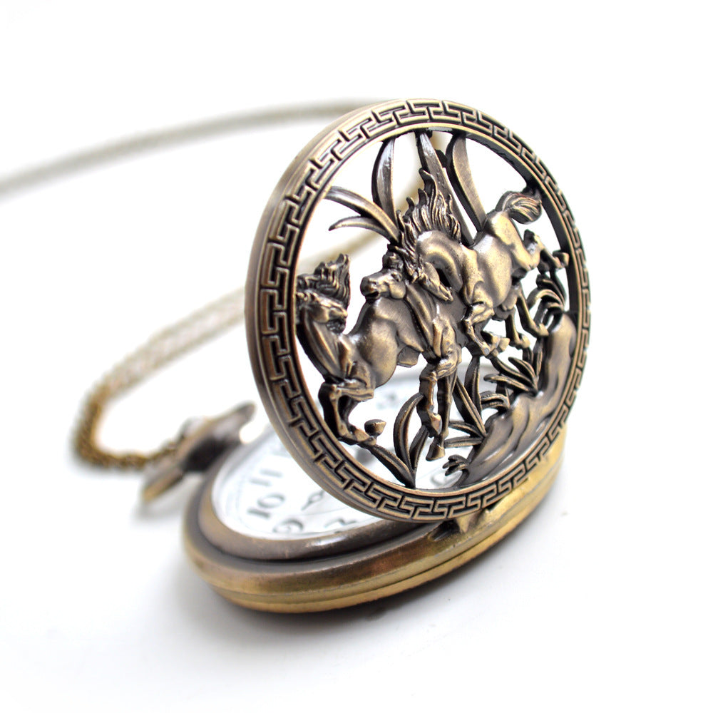 Men's Three Horses Skeleton Quartz Pocket Watch