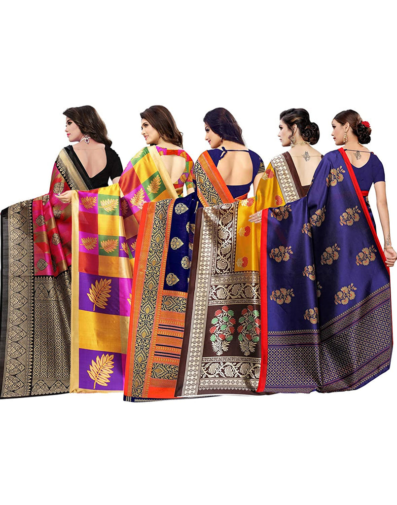 Women's Poly Silk Printed Saree Pack Of 5 - Indian Traditional Saree Wedding Dress Handmade Famous Actress Style Party Wear Free Size  Ethenic Wear Clothes For Women