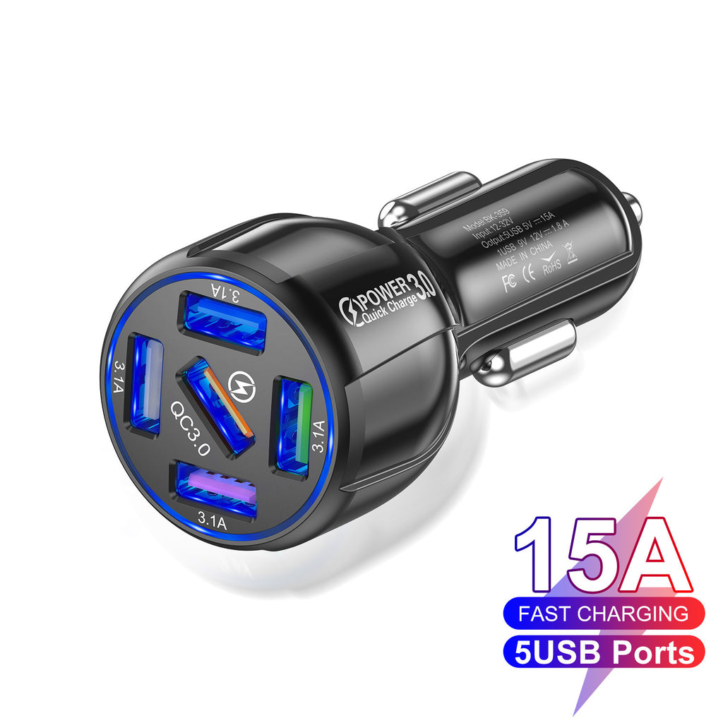 Factory Wholesale 5-port 15A QC3.0 5USB Car Charger Fast Charge Car Charger One For Five Mobile Phone Car Charger