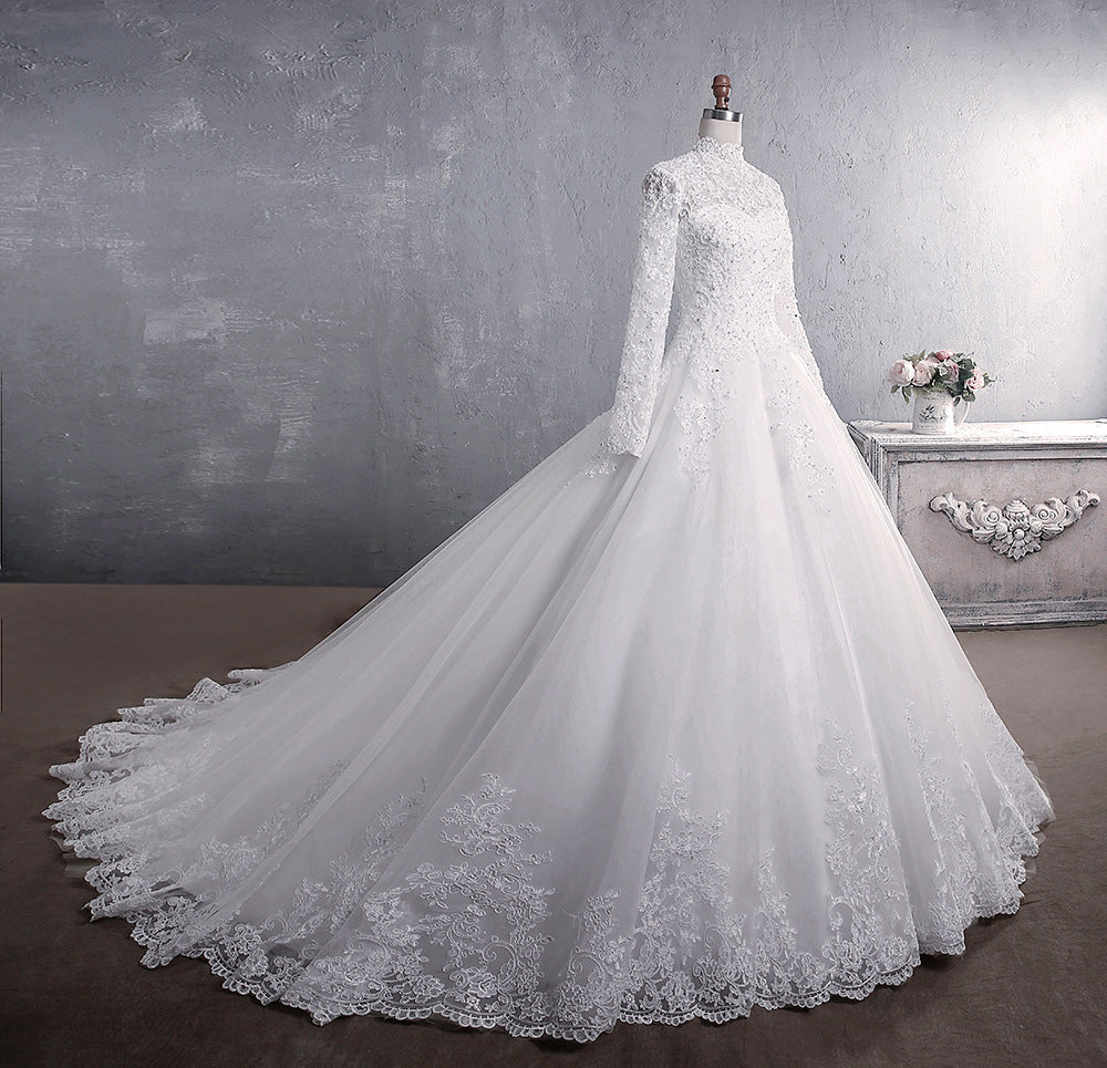 Lace Wedding Dress Bridal Stand-up Collar Long-sleeved Large Tail Large Size