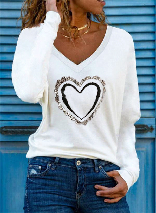 Heart Pattern Printing V-neck Long-sleeved All-match Female T-shirt Bottoming Shirt