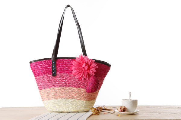 Korean Straw Plaited Son And Mother Beach Shoulder Bag