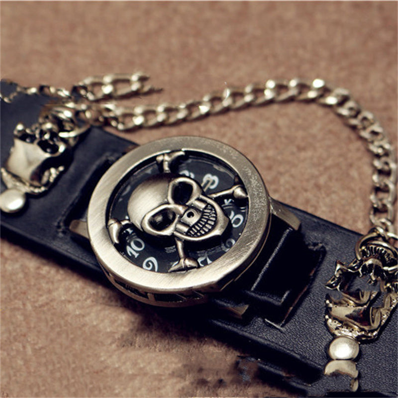 Skull Flip Leather Belt Band Bracelet Quartz Watch