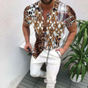 Men Fashion Colorblock 3d Print Lapel Short Sleeve Slim Shirt