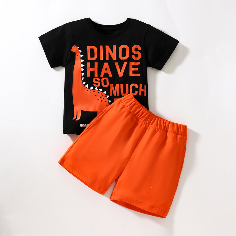 Children Kids Baby Fashion Boys Casual Basic Short Sleeve Dinosaur T-Shirt And Shorts 2pcs Set
