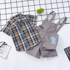 Children Kids Baby Fashion Boys Short Sleeve Plaid Shirt And Overalls 2pcs Set