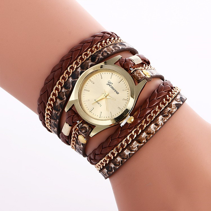 Women Casual Snake Print Braided Leather Strap Bracelet Watch