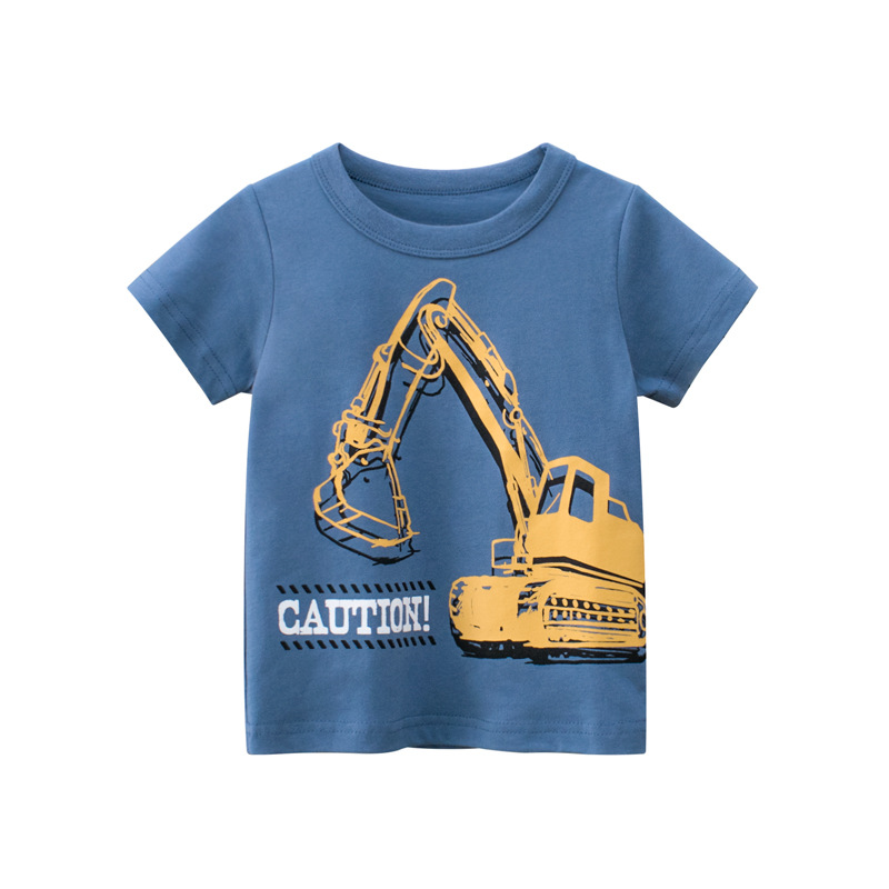 Boys Basic Round Neck Short-Sleeved Cartoon Excavator T-Shirt