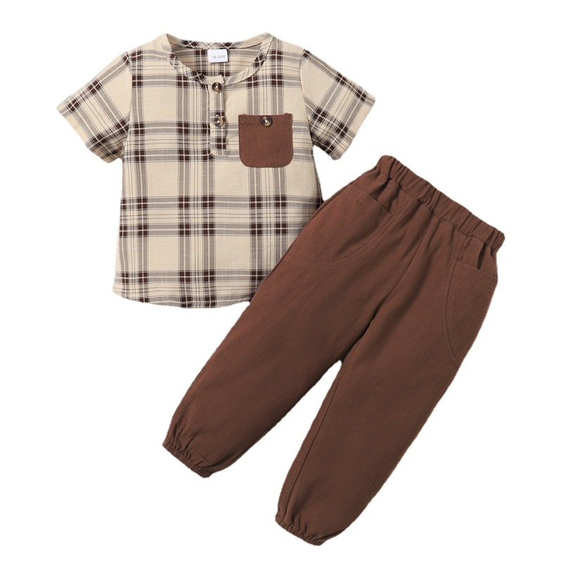 Children Kids Toddlers Fashion Boys Short-Sleeved Plaid Print Top Top And Pants 2pcs Set