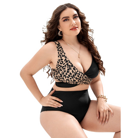 Women Fashion Sexy Deep V Leopard Color Contrast High Waist Plus Size Swimsuit