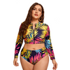 Women Fashion Long-Sleeved Zipper Leaf Print Bikini Plus Size Split High Waist Surf Swimsuit