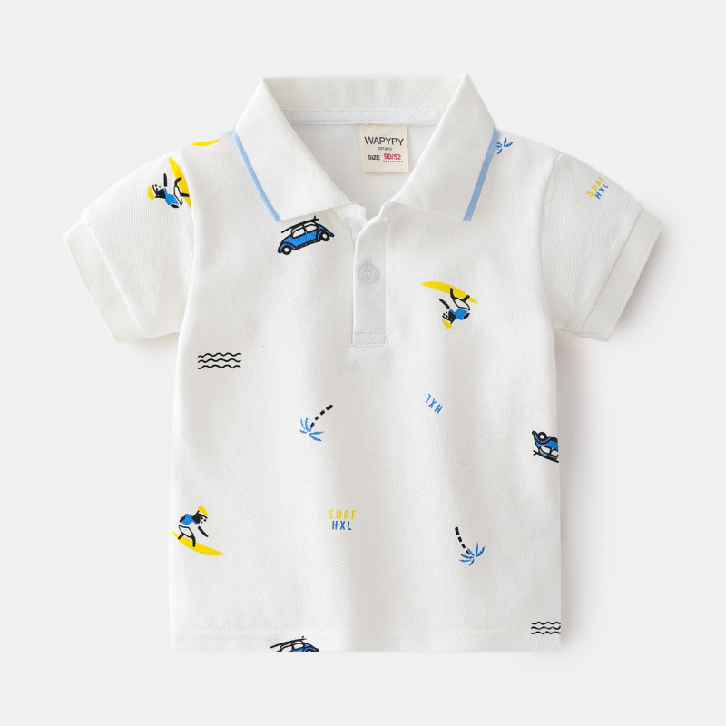 Kids Boys Cute Cartoon Dinosaur Coconut Tree Car All Over Print Lapel Short Sleeve T-Shirt