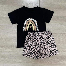 Toddlers Newborn Baby Fashion Girls Short Sleeve Rainbow Print T-Shirt And Leopard Print Short 2pcs Set