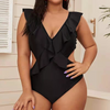 Plus Size Women Summer Beach Vacation Ruffled Solid Color One Piece Swimwear