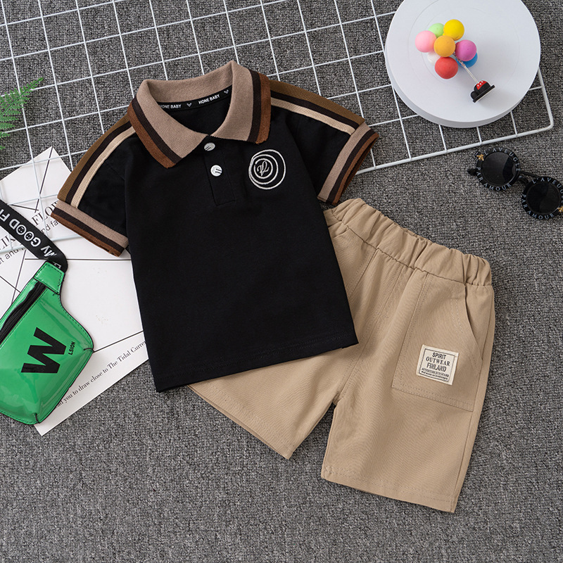Children Kids Baby Fashion Boys Short Sleeve Embroidered Letters Polo T-Shirt And Shorts 2pcs Set