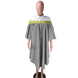 Women Striped Lapel Single-Breasted Irregular Loose Dress