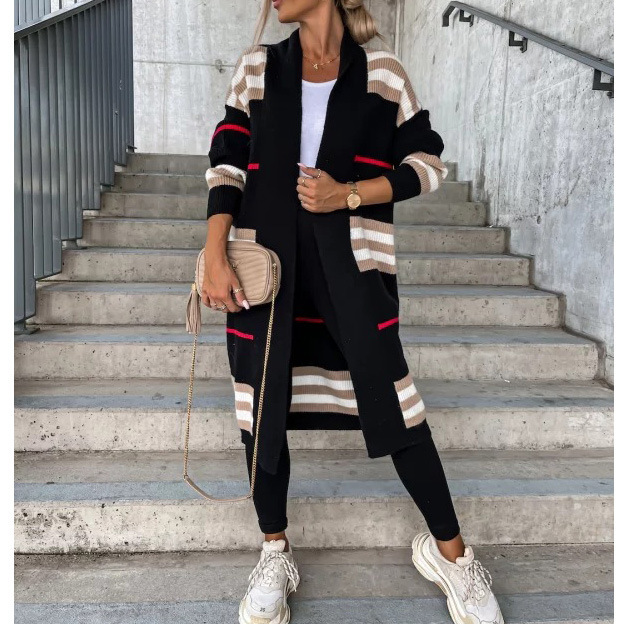 Autumn Winter Long Cardigan Striped Women Knitted Sweater Coat