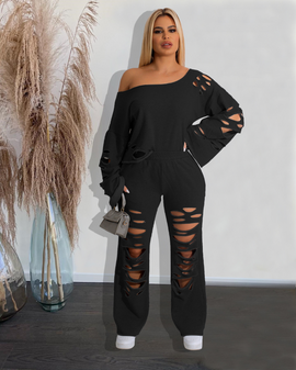 Women Solid Color Loose Long Sleeve Ripped Top And High Waist Wide Leg Pants Two-Piece Set