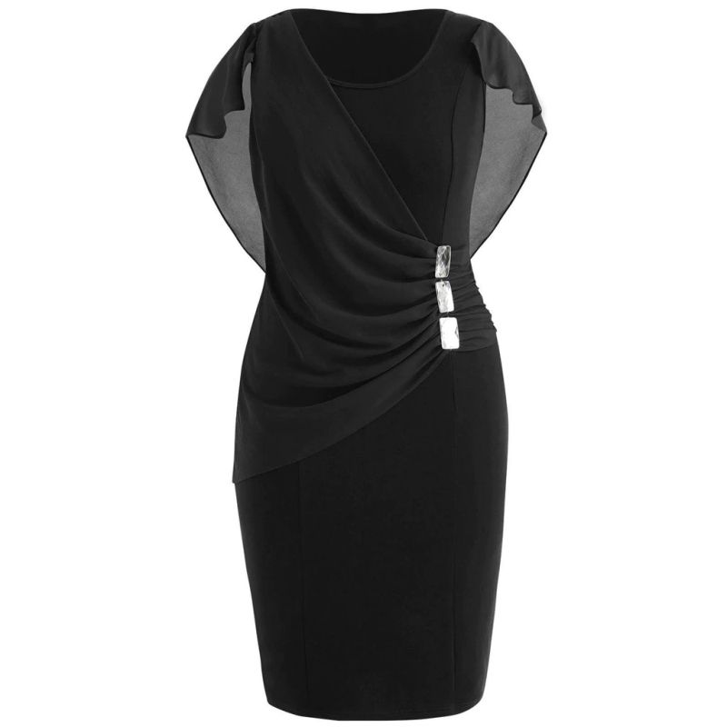 Plus Size Women Round Collar Crease Slim Dress