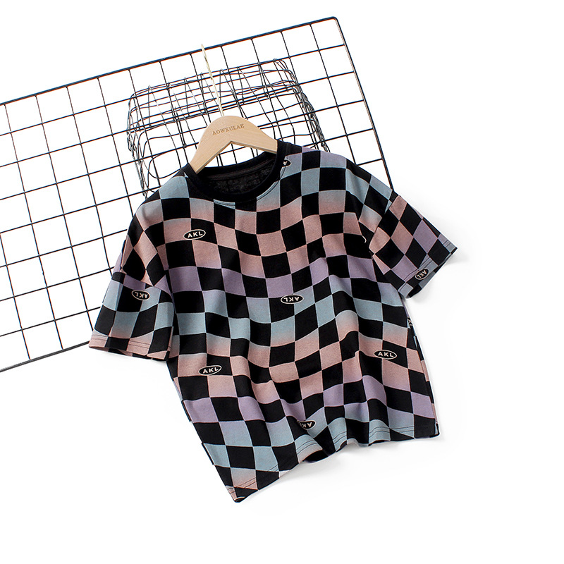 Kids Boys Casual Round Neck Short Sleeve Plaid All Over Print Loose T-Shirt