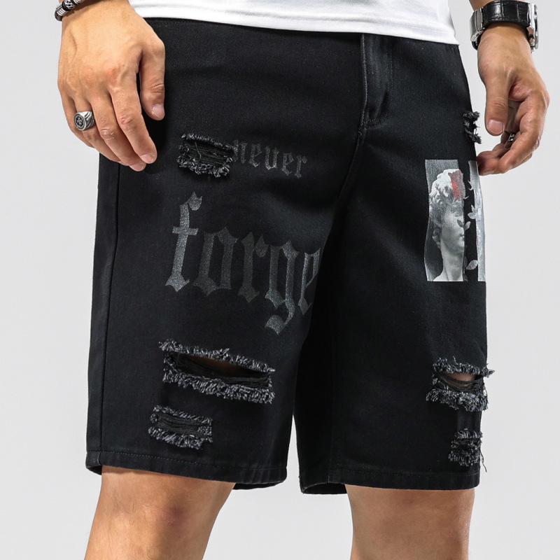 Men Fashion Print Ripped Denim Shorts