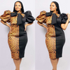 Women Color Blocking Leopard Printed Puff Sleeve Midi Dress