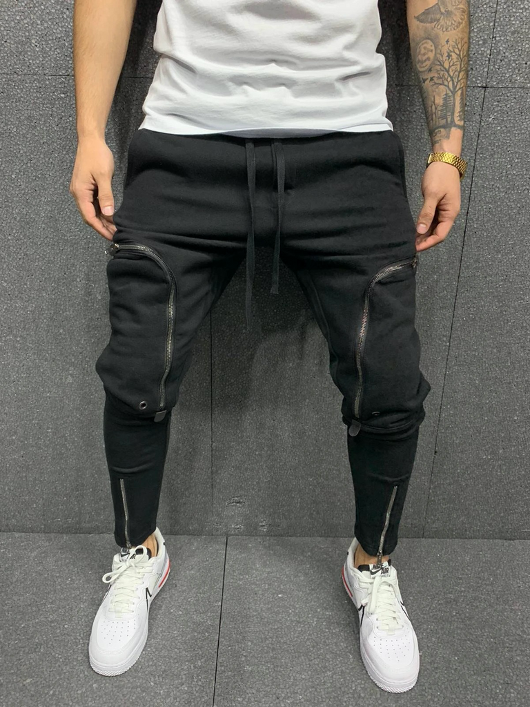 Men Fashion Zipper Patch Pockets Slim Fit Pants