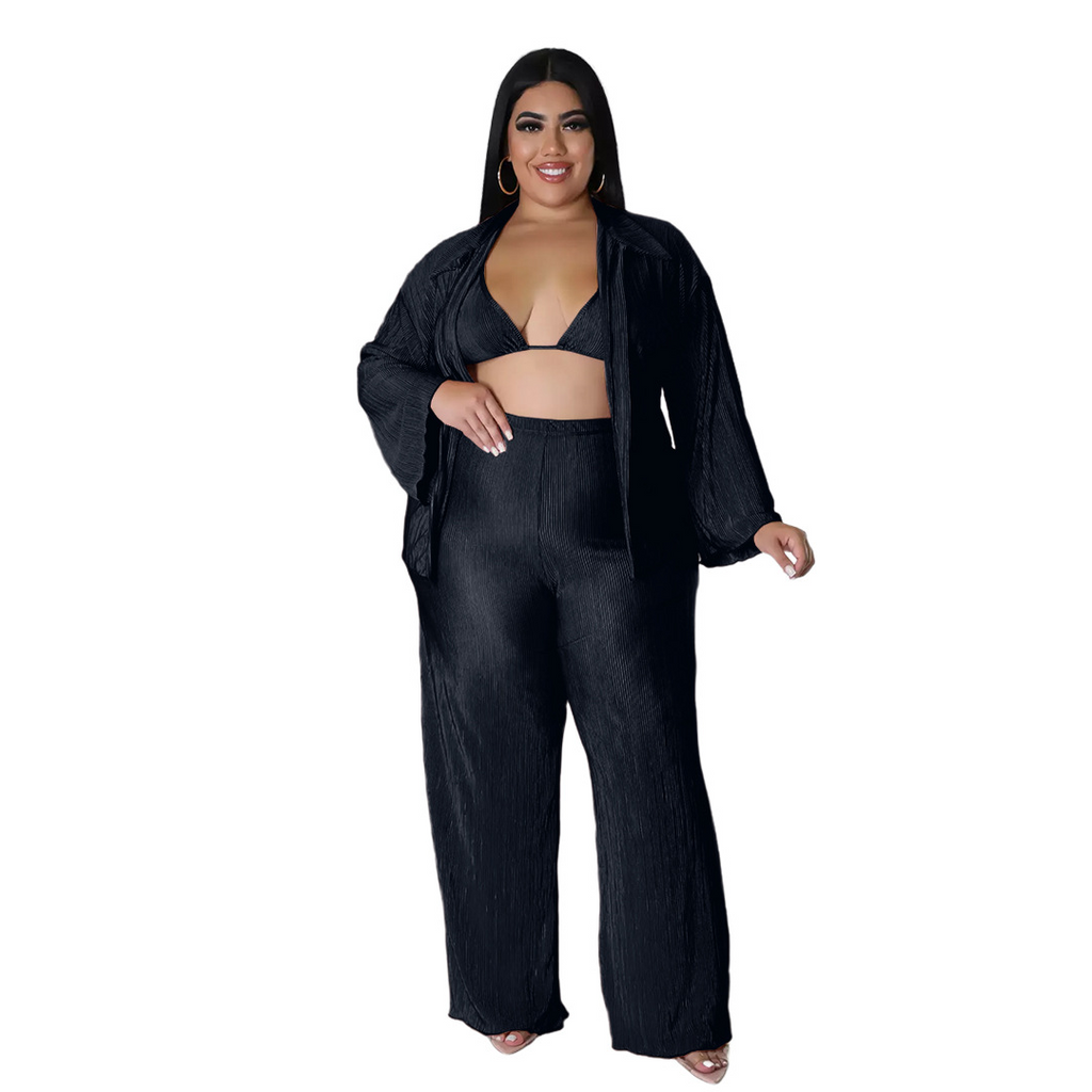 Plus Size Women Solid Color Lapel Long-Sleeved Top And Bra And Wide-Leg Pants Loose Casual Three-Piece Set